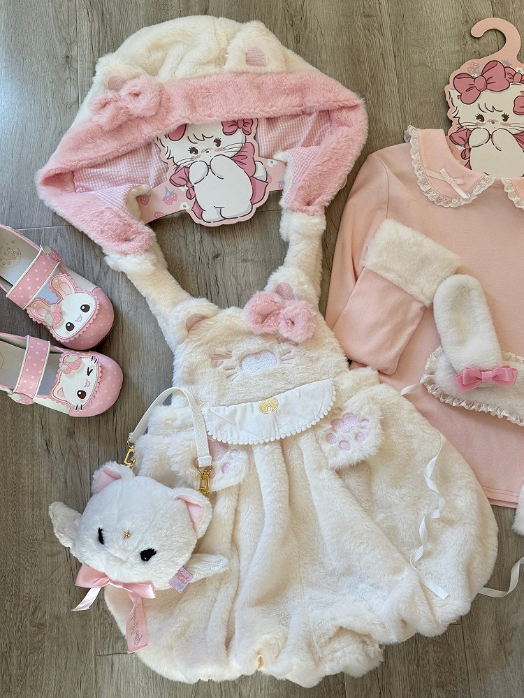 Detachable Hood White Ear with Decor Kitty Hoodie Overall Bubble Plush Shorts