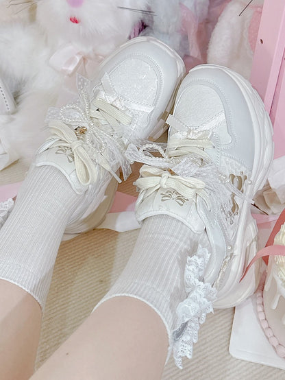 Bowknot Details Lace-up Front Ties White Beaded Decorated Sneakers