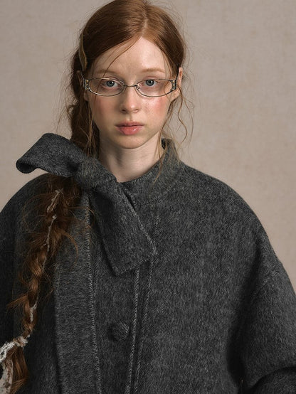 Gray Beige/Dark Vintage-Inspired Long Wool Coat with Front Button Placket and Bow Tie Collar
