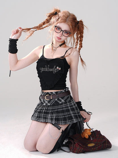 Black Plaid A-Line Mini Skirt with Belt