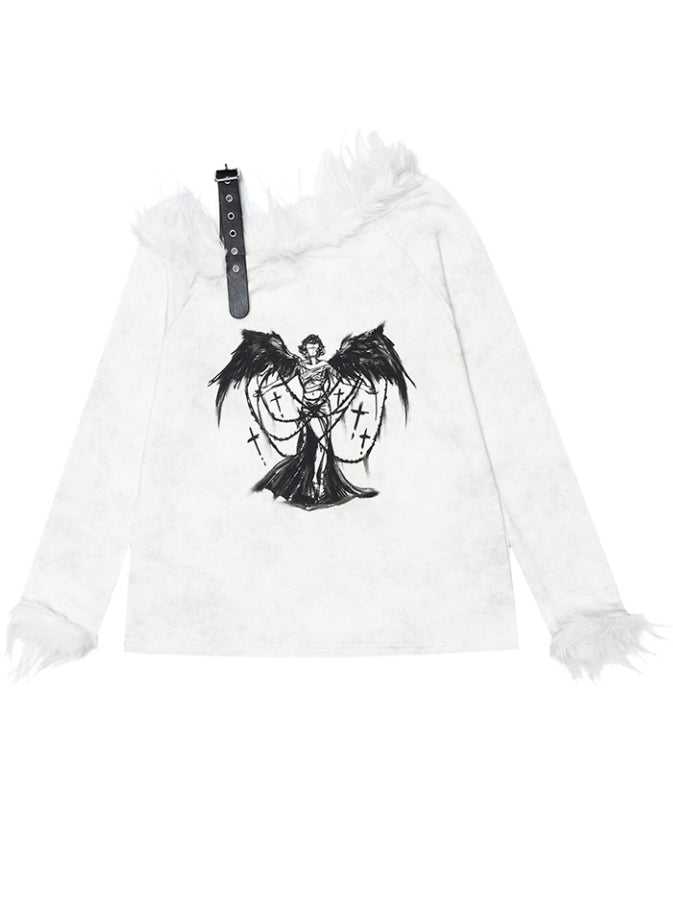 Punk Milk White Angel Asymmetrischer Ausschnitt Langarm Top Plüschbesatz