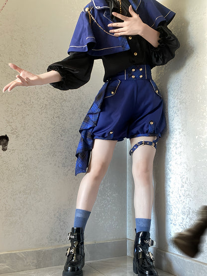ダークブルーのレイブンクロー王子ロリータセットケープ+ハイウエストショーツ