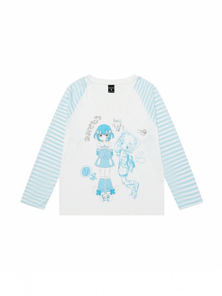 And Light Long Thin V-neck Blue/Pink Girl Top With Cartoon Sleeves Print Patterns Striped