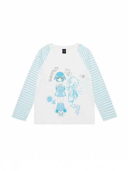 And Light Long Thin V-neck Blue/Pink Girl Top With Cartoon Sleeves Print Patterns Striped