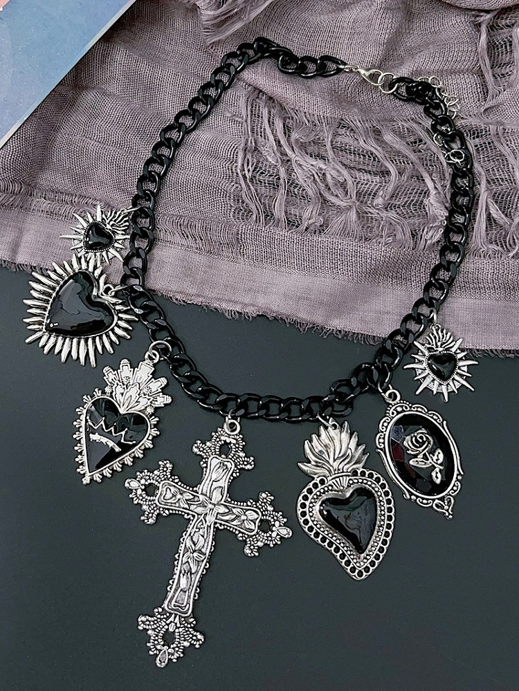 Herz Halskette Rot/Schwarz Y2K Kreuz Anhänger Floral Und