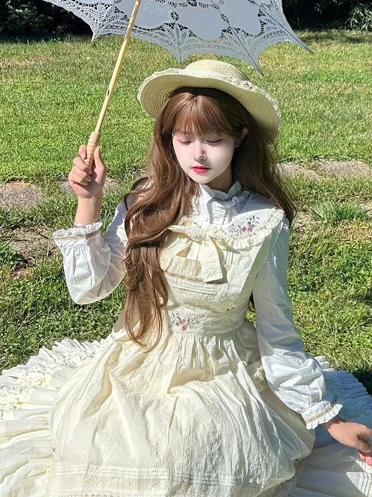 Straw Hat Wide-Brimmed Beige/Brown Lace Lolita Trim with