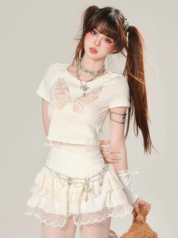 Spitzen-T-Shirt Butterfly Beige/Schwarz Glamorous Bittersweet