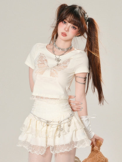 Spitzen-T-Shirt Butterfly Beige/Schwarz Glamorous Bittersweet