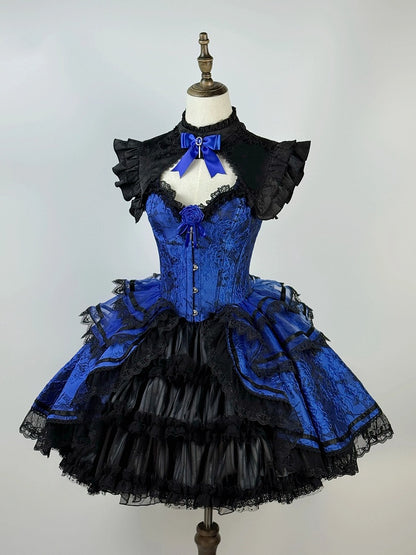 Gothic Lolita Boned Corset Top with Tiered Skirt and Collar in Klein Blue and Black - Somnium Isle