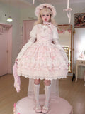Kleid und Taillen-Lagenpullover abnehmbar mit Hanayome Pink Bows Ausschnitt Rock Lolita Hime auf