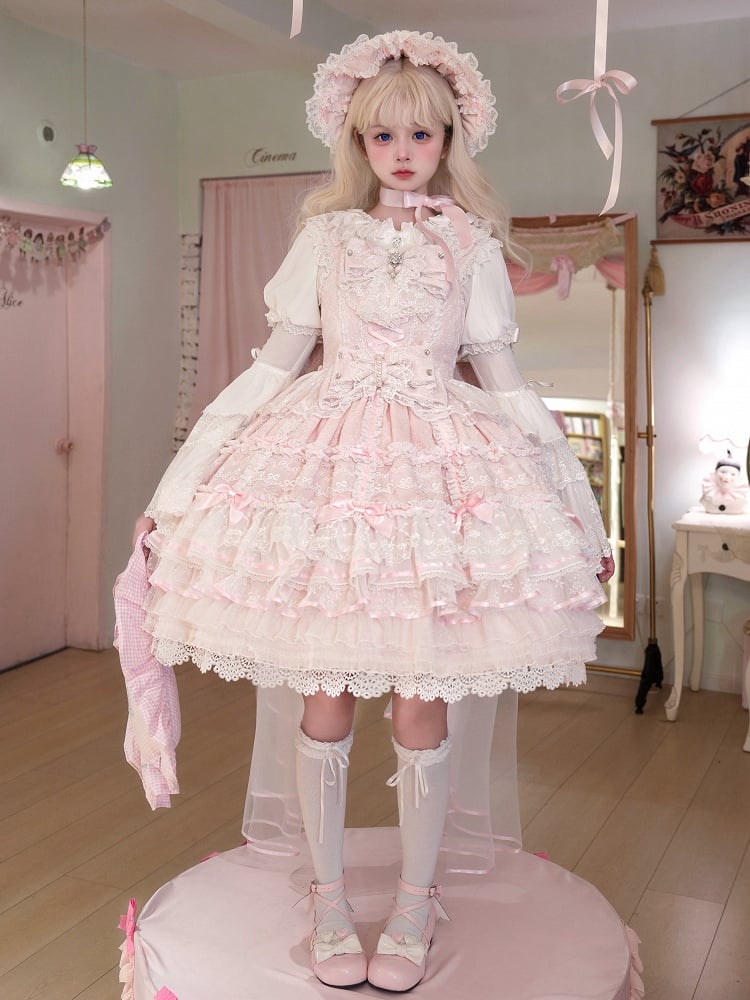 Kleid und Taillen-Lagenpullover abnehmbar mit Hanayome Pink Bows Ausschnitt Rock Lolita Hime auf