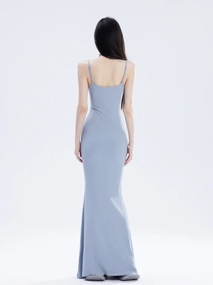 Glamouröses Spaghettiträgerkleid mit Rock im Boden, Schwarz/Rot/Blau, Länge Meerjungfrau