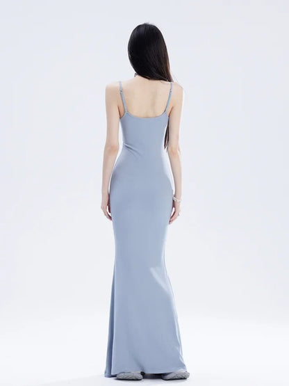 Glamouröses Spaghettiträgerkleid mit Rock im Boden, Schwarz/Rot/Blau, Länge Meerjungfrau