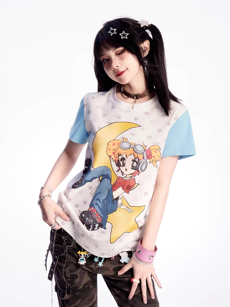 Cartoon Girl Y2K Blau Weiß Colorblock Design Print T-Shirt