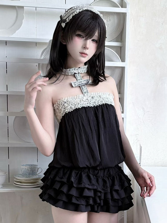 Gothic Black Strapless Bubble Hem Top with Lace Trim Accents - Damn Girl