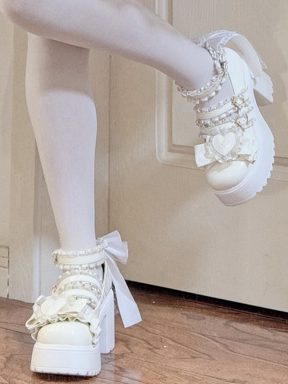 Kei White Heart Jirai Lace Block Bow Heels Ruffled Straps with High Buckle Patch - Platform