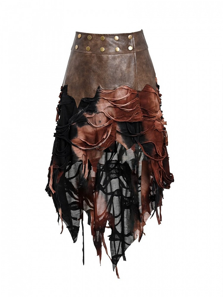 Wine Brown PU Hem Skirt with Handkerchief Red and Punk Black Wasteland Tie-Dye