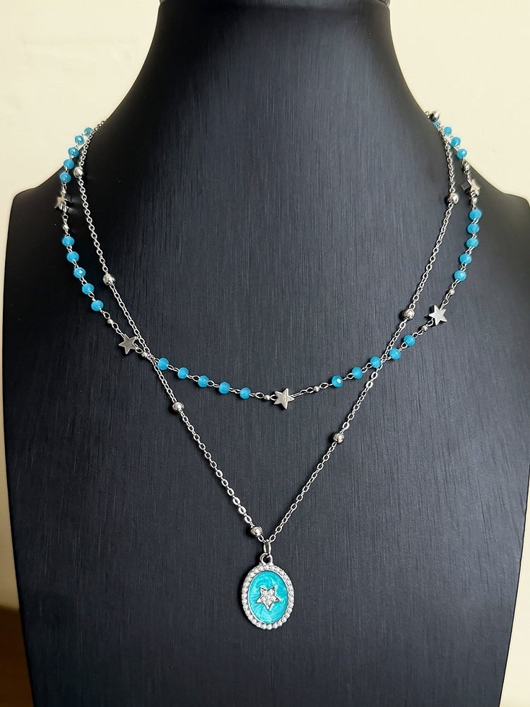Y2K Layered Beaded Necklace in Blue & Pink with Star Pendant - YSHXS