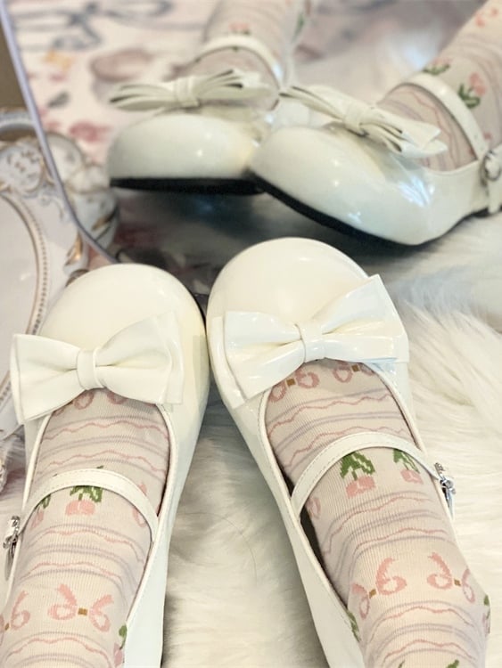 Sweet Off-white Round Low with Janes Lolita Heart Buckle Toe - for Bow Detachable Heel Mary
