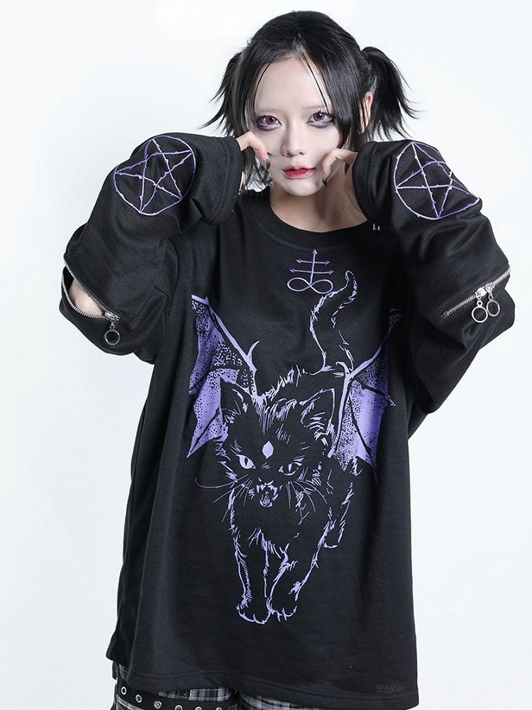 Dark Kawaii Purple & Black Hell Cat Graphic Embroidered Zip Sweatshirt - Tribuo Flos