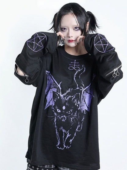 Dark Kawaii Purple & Black Hell Cat Graphic Embroidered Zip Sweatshirt - Tribuo Flos