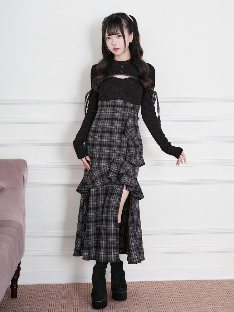 Black Jirai-Kei Faux Two-Piece Plaid Knit Long-Sleeve Dress, Ruffles & Hem Slit - No Genki
