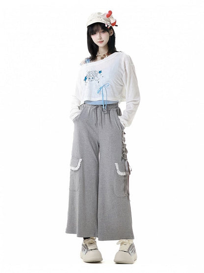 Graue Hose mit weitem Bein und Kordelzug in der Taille und seitlichen Schnürdetails