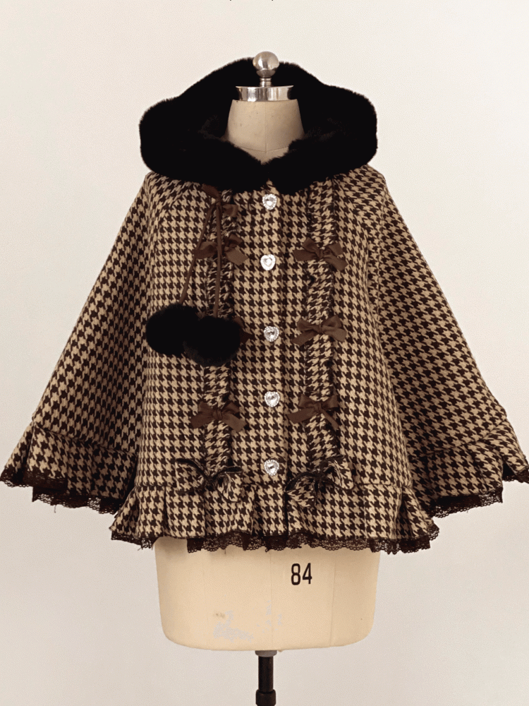 Hooded Fleece-Lined Kei Buttons Heart Cape Houndstooth Jirai with