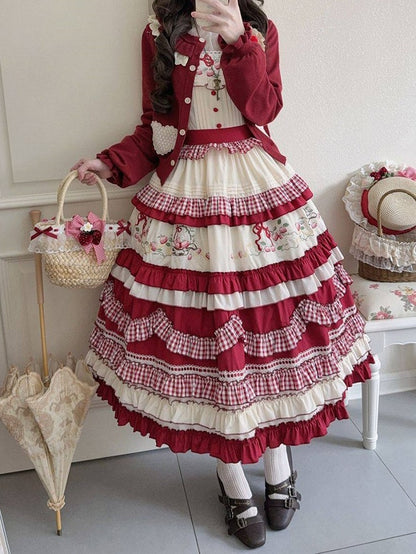 White Strawberry Dress Embroidery Red Ruffles Layered Sweet with Lolita