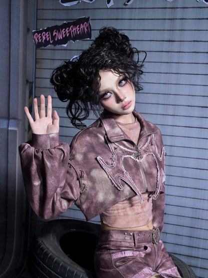 with Sleeves Applique Denim Punk Cutout Pink Y2K Dusty Bishop Jacket Crop Pastel Heart Distressed