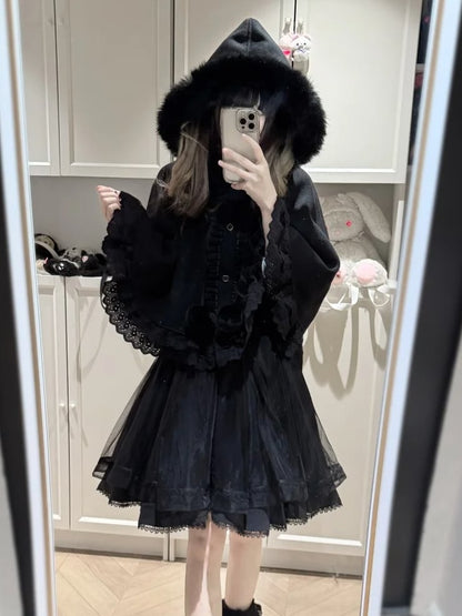 Hooded Lace Trim Plush Black Kei Delicate Cape - Jirai Heart Buttons with