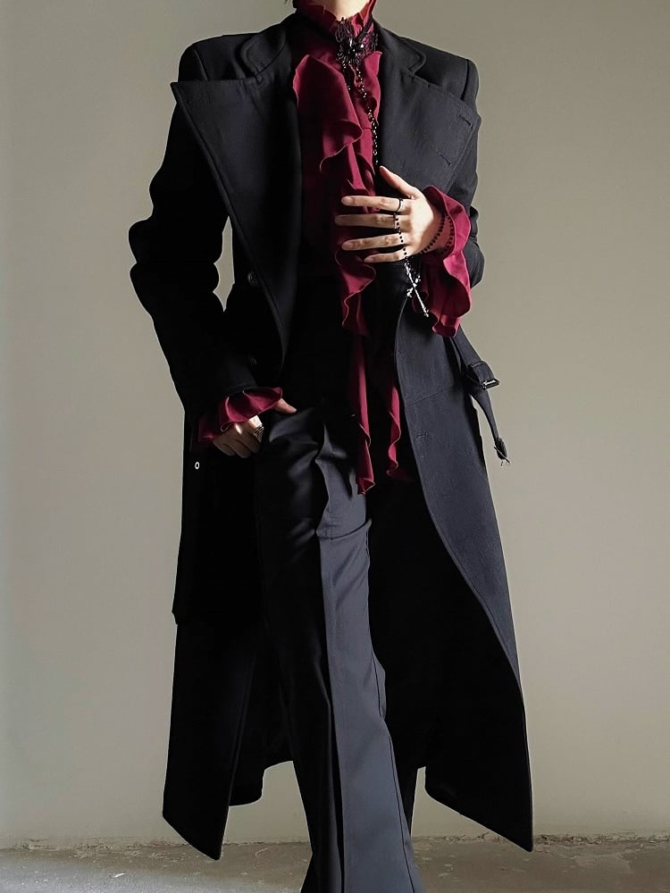Wear Collar Ouji with Convertible Versatile - Black Open Trench or Coat Lolita Cinched