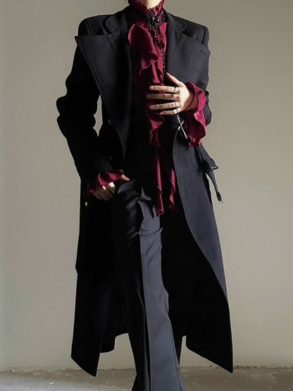 Wear Collar Ouji with Convertible Versatile - Black Open Trench or Coat Lolita Cinched