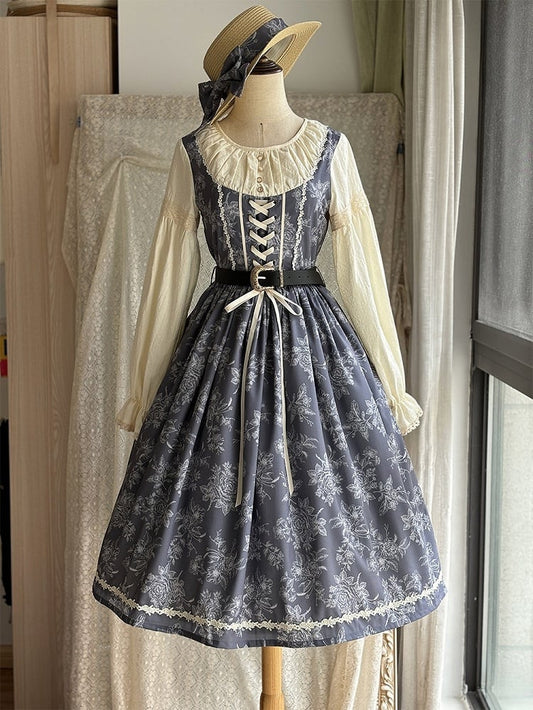Gray & Beige Rosette Print Long-sleeved Elegant Classic Lolita Dress