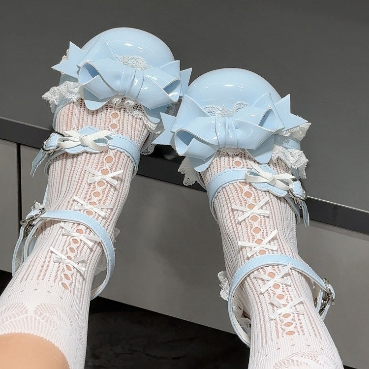 Top Sandals at Low-heel Round - Blue Lace Trim Bow Lolita Toe Sweet