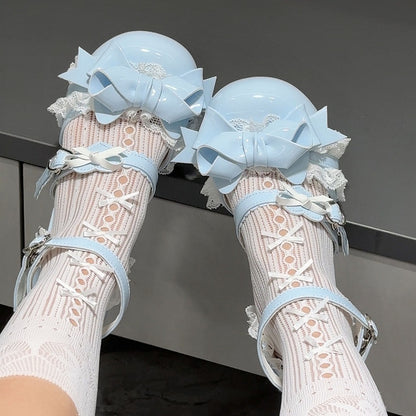 Top Sandals at Low-heel Round - Blue Lace Trim Bow Lolita Toe Sweet