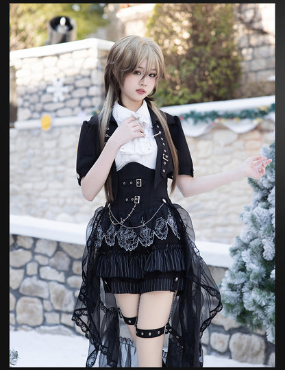 Black and White Prince Ouji Lolita Outfit - White Sleeveless Shirt + Black Cropped Top + Hiigh Waist Blommer Shorts Full Set