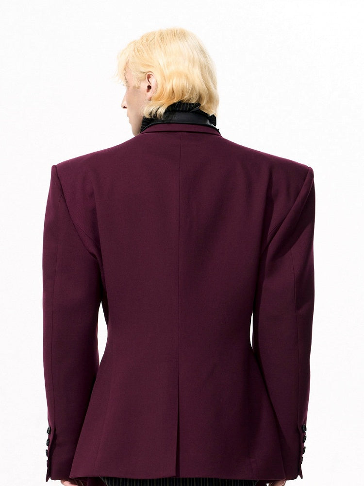 Detachable Men's Front with Placket Wine Collar Button Leather Red Blazer