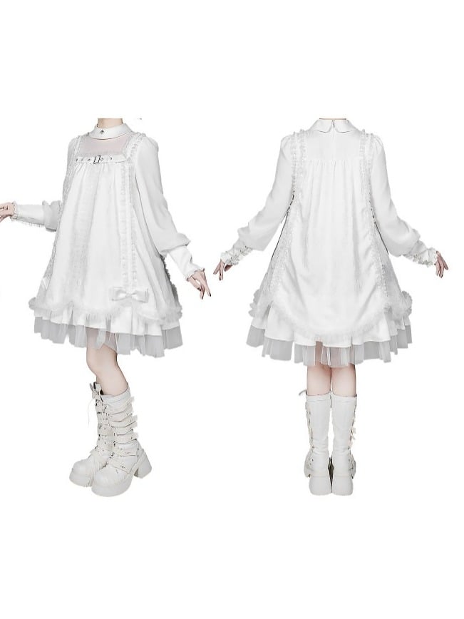 White Gothic Lolita Pleated Dress with Round Collar, Lace and Bowknot Accents - Kuroya