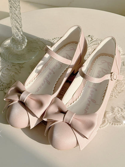 PU Silk Sakura Pink Elegant Lolita Mid-heel Mary Janes with Bow Accent & Circular Snap Closure