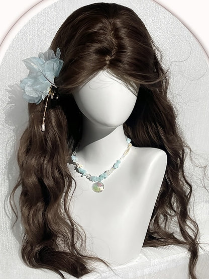 Braune lange gewellte Perücke mit Vorhangpony