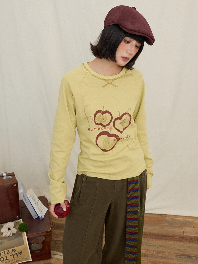 Yellow Print Long Sleeve Apple Kawaii Shirt