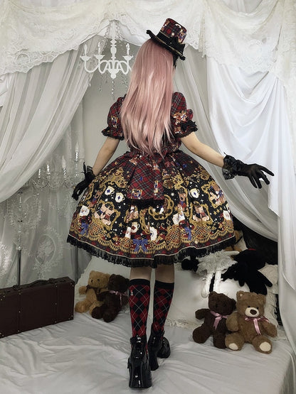 Print Puff Lace Lolita Trim Sleeves Dress Red and Black Bear Sweet Plaid with