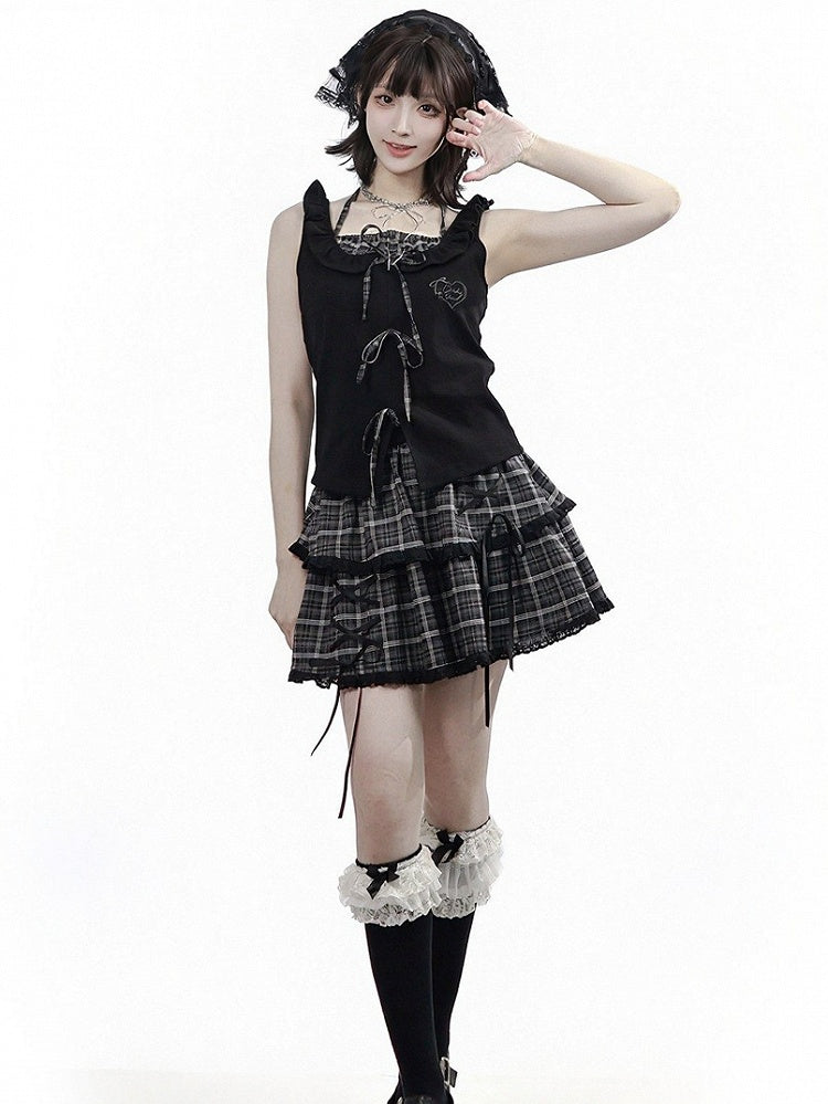 Black Fake Two-Piece Halter Top with Plaid Ties - PINK SAVIOR