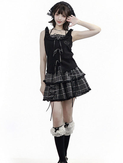 Black Fake Two-Piece Halter Top with Plaid Ties - PINK SAVIOR