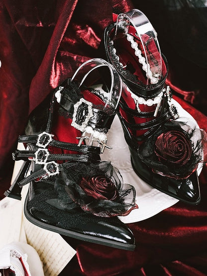 Gothic Black Pointed Toe Heels with Cross Heels, Beaded Strap & Rose Shoe Clips