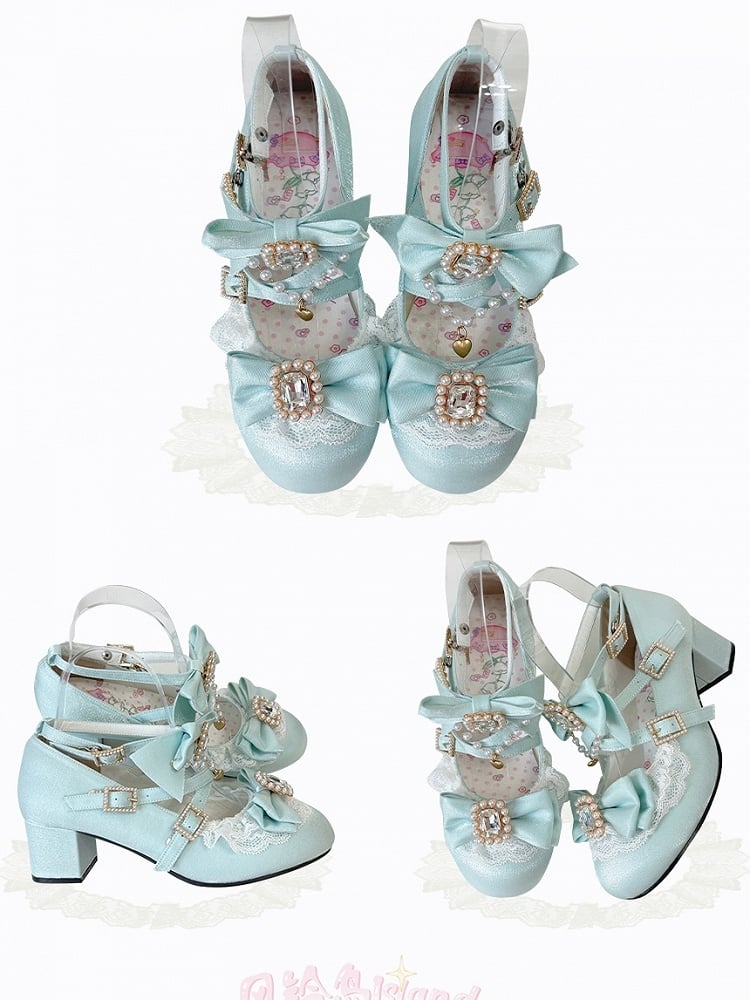 Sophisticated Lolita Lace Mint Mid - Blue Trim Heels