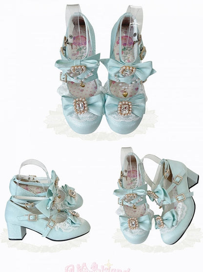 Sophisticated Lolita Lace Mint Mid - Blue Trim Heels