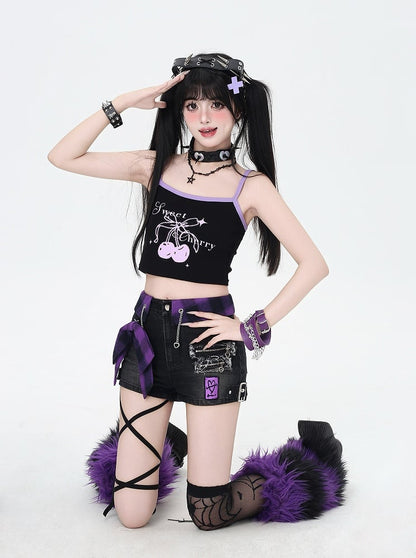 パープルチェック柄の蝶結びブラックのグラマラスデニムショートパンツ