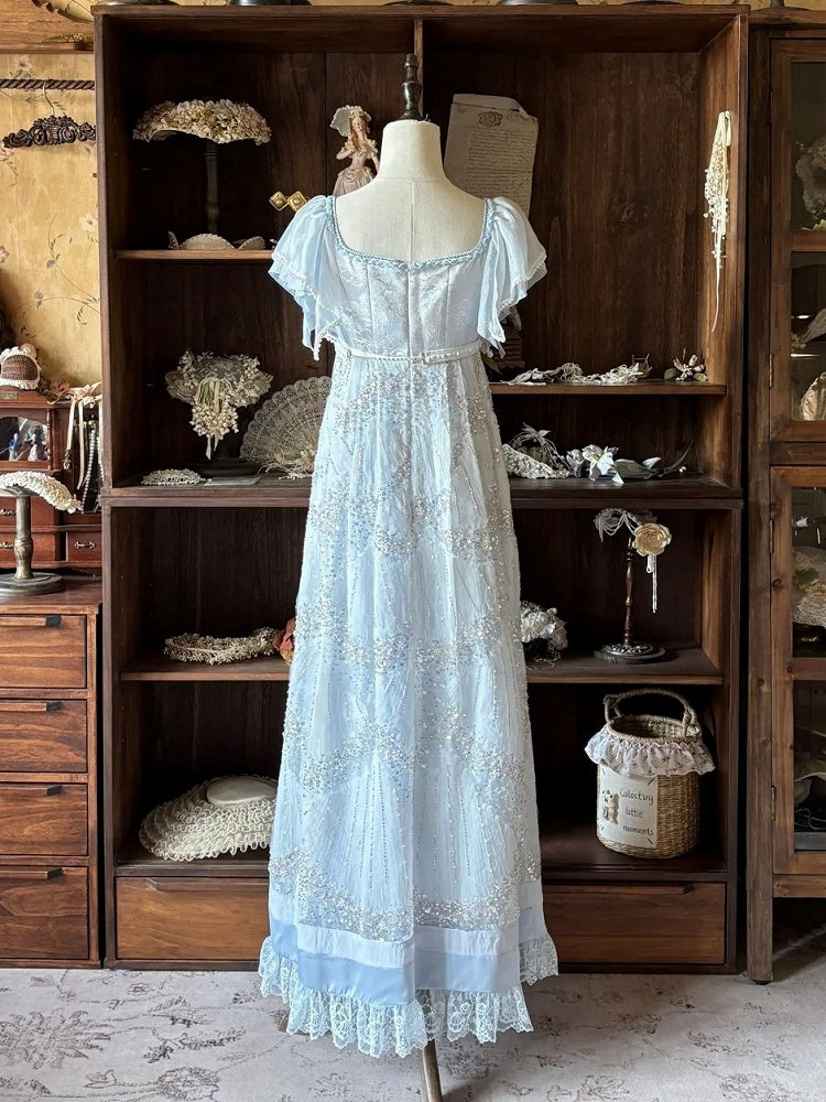 Blue Empire Waist Flutter Sleeves Sequins Bead Dress - Iris fleur